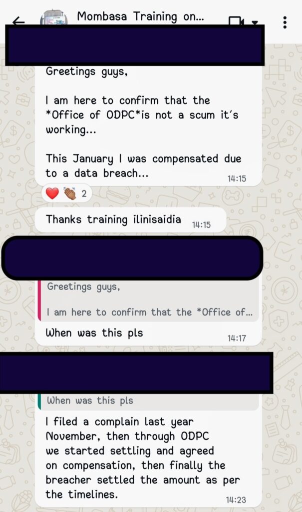 A screenshot of messages posted on KICTANet's Data Protection Training Group. The poster narrates how the training helped him because his data was breached and he filed a complaint with the ODPC and was awarded damages.